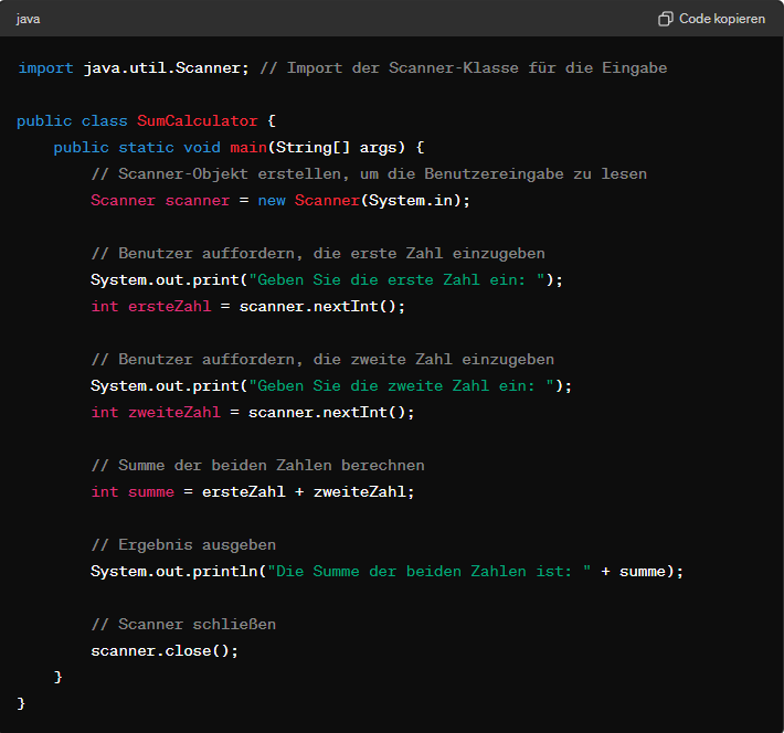 Ein Codebeispiel für Java